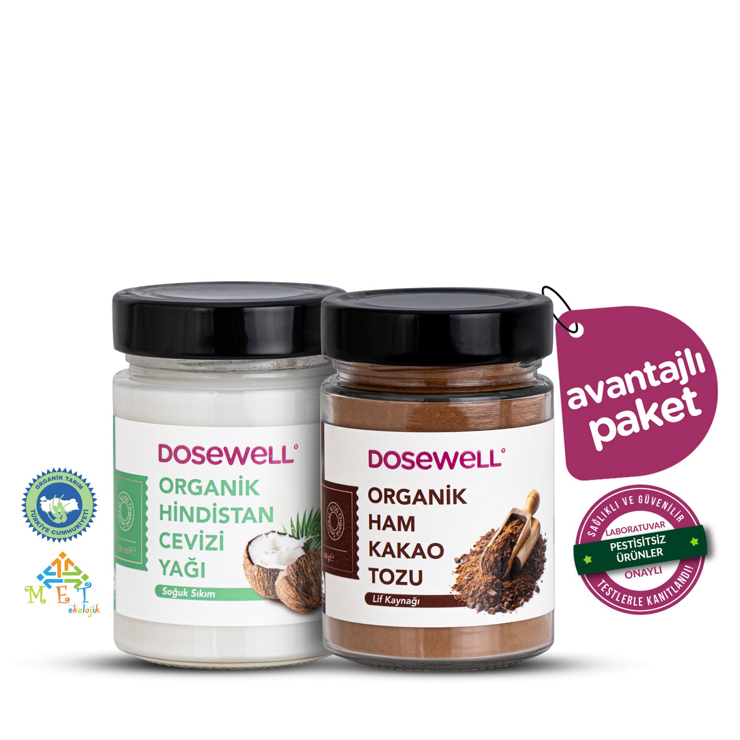 Dosewell Organik Hindistan Cevizi Yağı 300 ml + Organik Ham Kakao Tozu 140 gr ( 2'li Avantajlı Paketi )