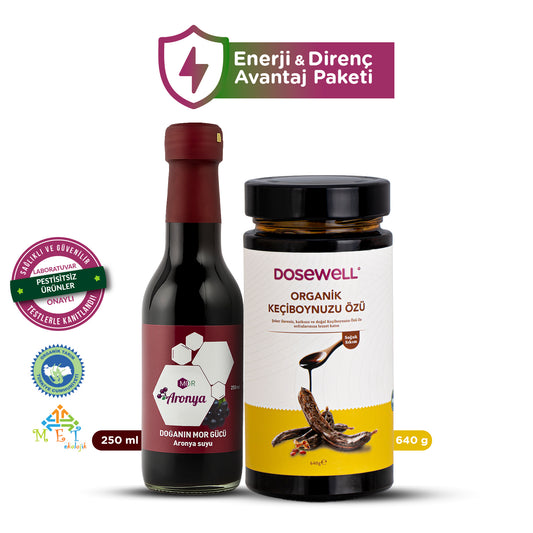 Mor Aronya Suyu 250 ml & Organik Keçiboynuzu Özü 640 gr : Enerji Direnç ikilisi