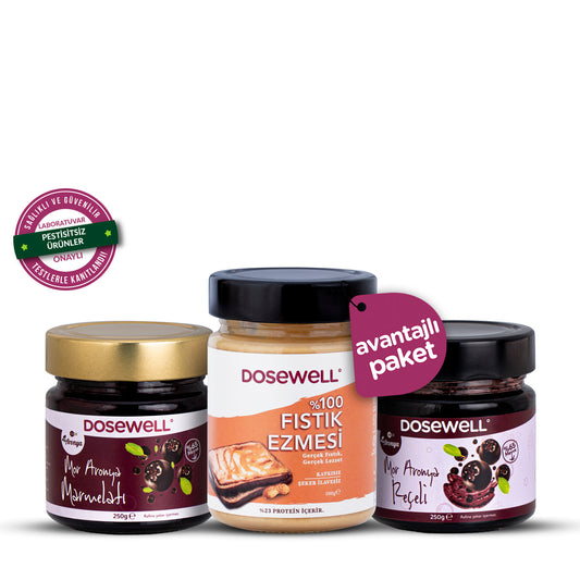 Mor Aronya Reçeli, Marmelatı ve Dosewell %100 Fıstık Ezmesi Paketi | Antioksidan ve Protein Kaynağı