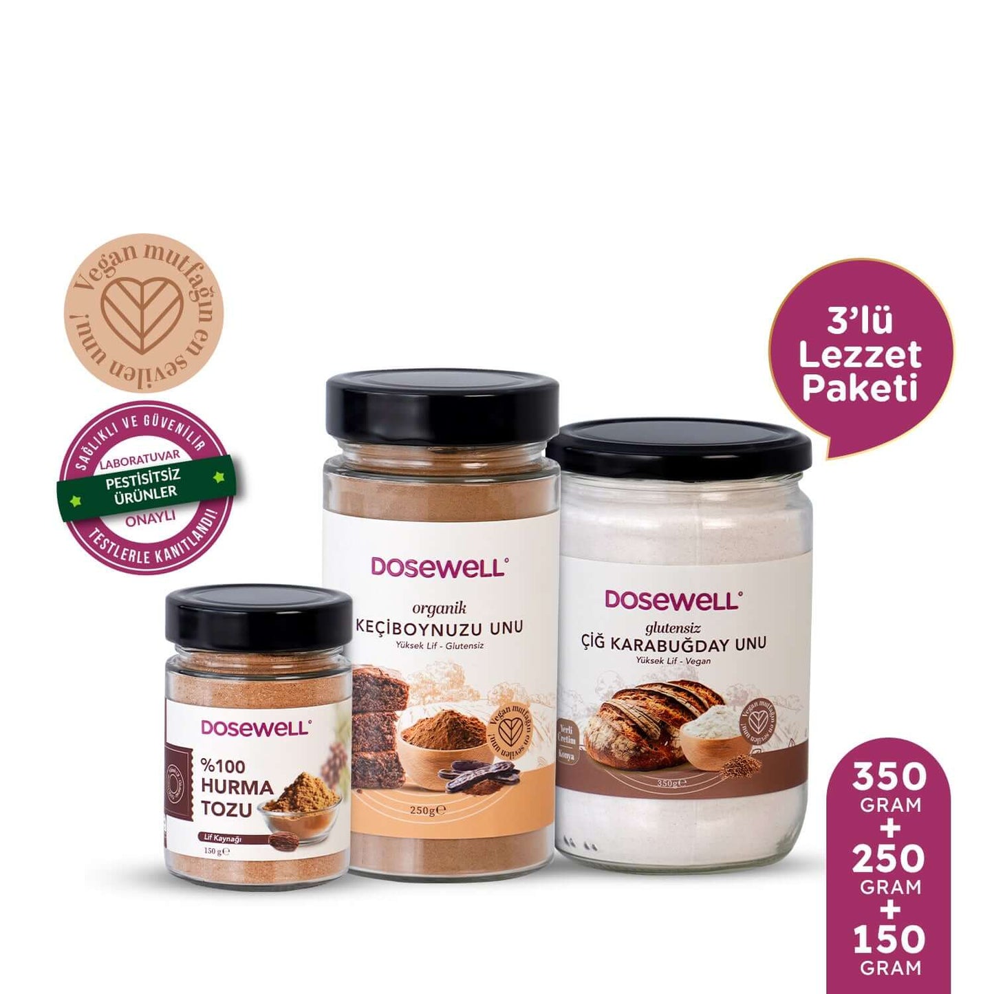 Dosewell 3'lü Un Avantaj Paketi (Çiğ Karabuğday Unu, Keçiboynuzu Unu, Hurma tozu)