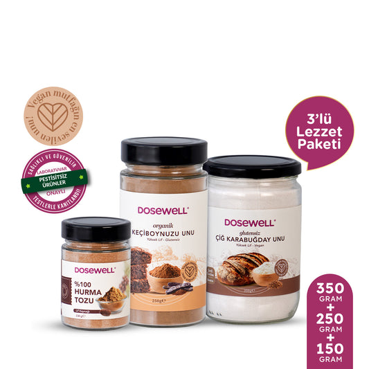 Dosewell 3'lü Un Avantaj Paketi (Çiğ Karabuğday Unu, Keçiboynuzu Unu, Hurma tozu)