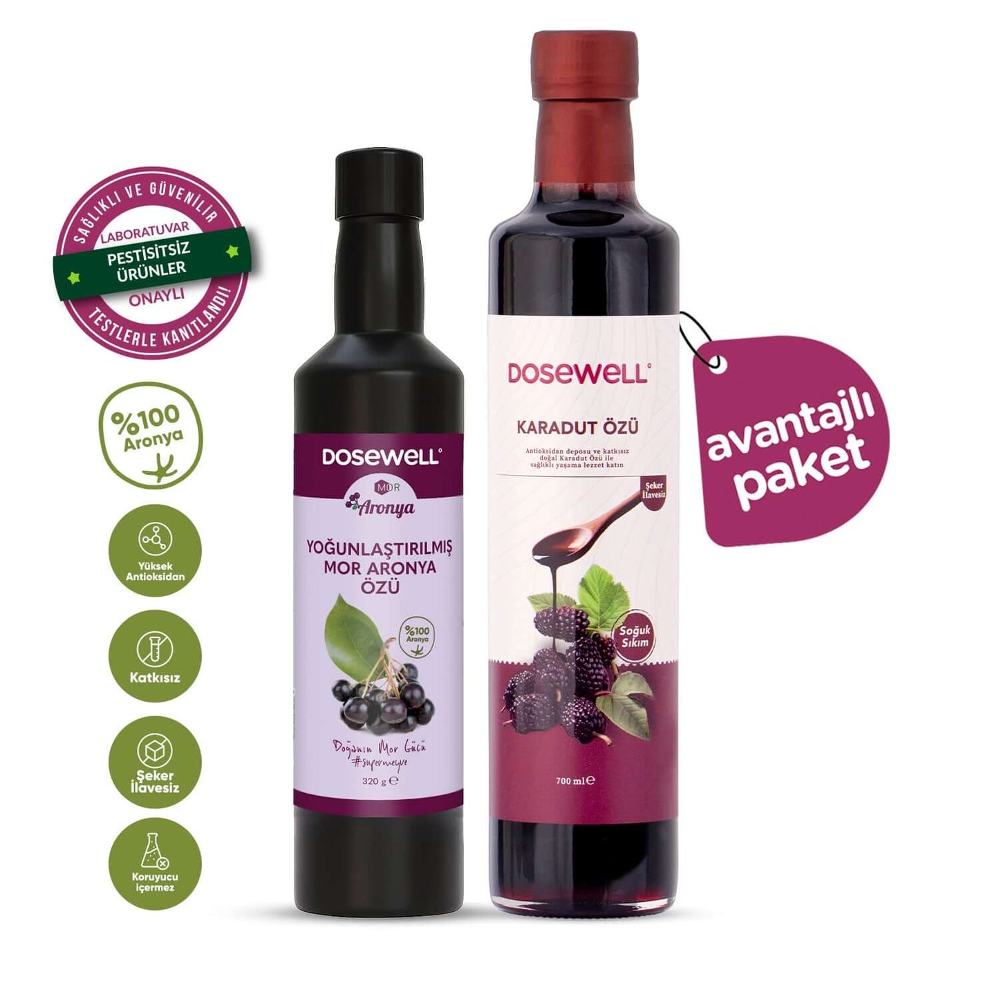 Mor Aronya Yoğunlaştırılmış Aronya Özü 320 gr  & Dosewell Karadut Özü 700 ml – 2'li Paket